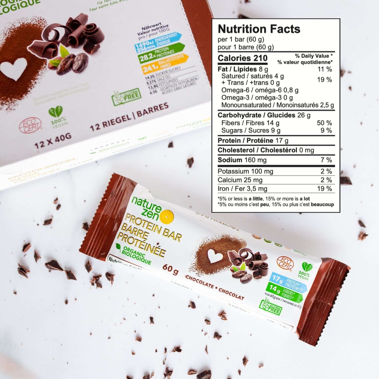 Nature Zen Organic Vegan Protein bars - Chocolate protein bars [nut free] with chocolat chips