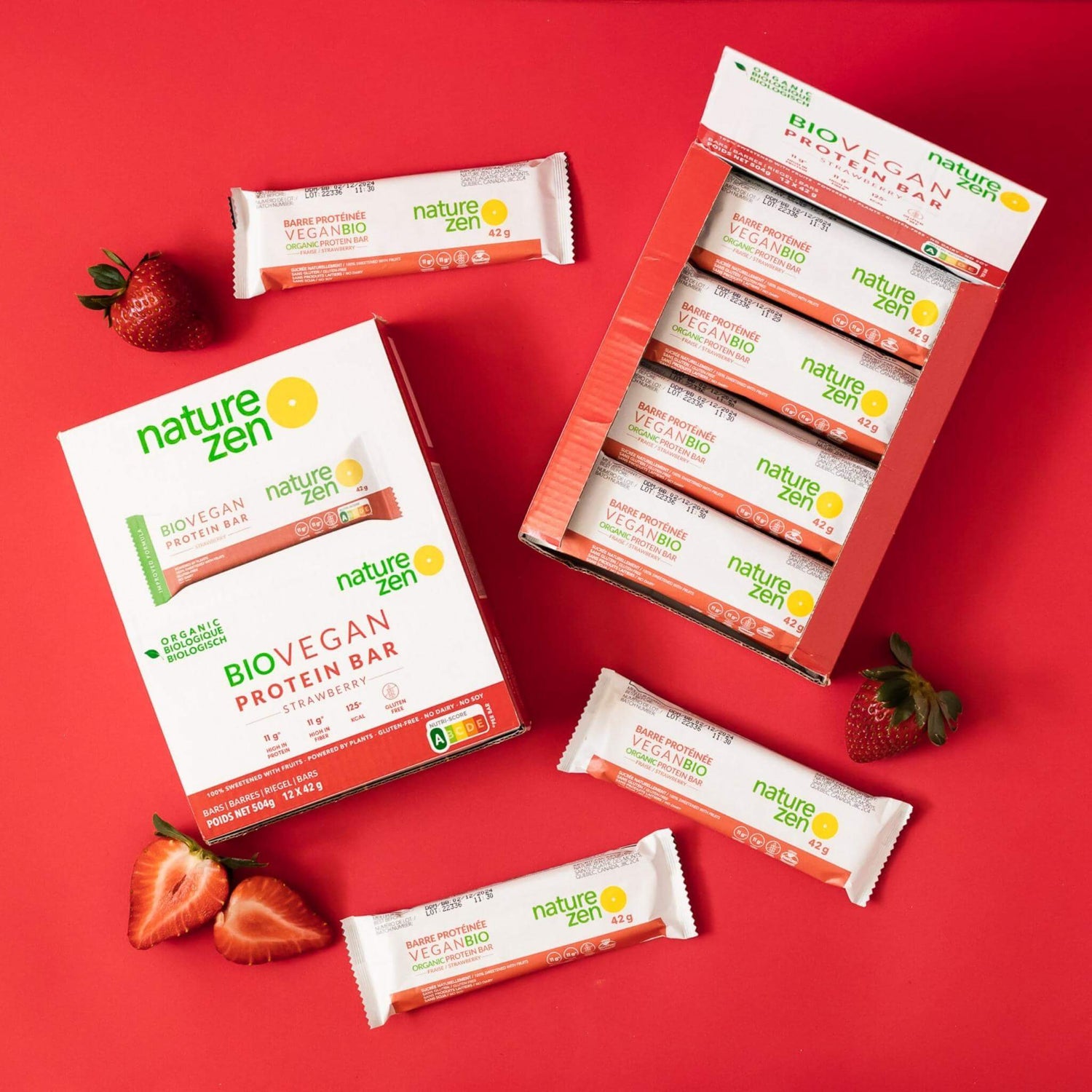 Nature Zen Organic Vegan Protein bars - Strawberry protein bars [New Recipe] box red background