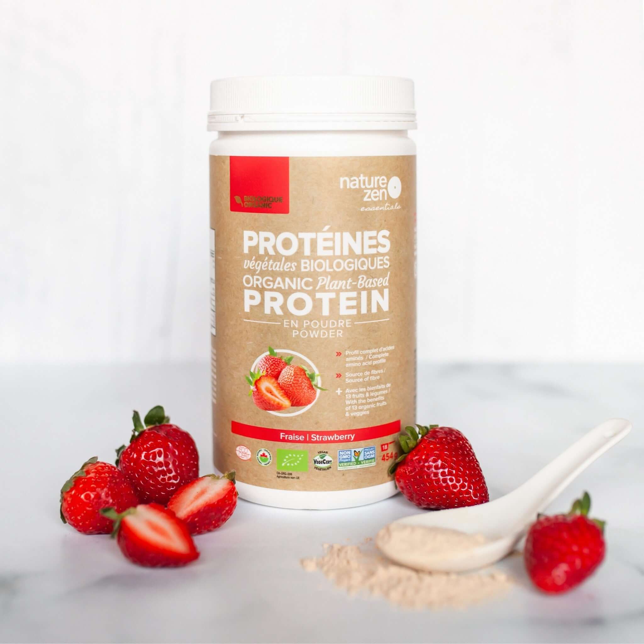 Nature Zen Essentials - Organic Plant-Based Strawberry Protein Powder (454g + strawberries)