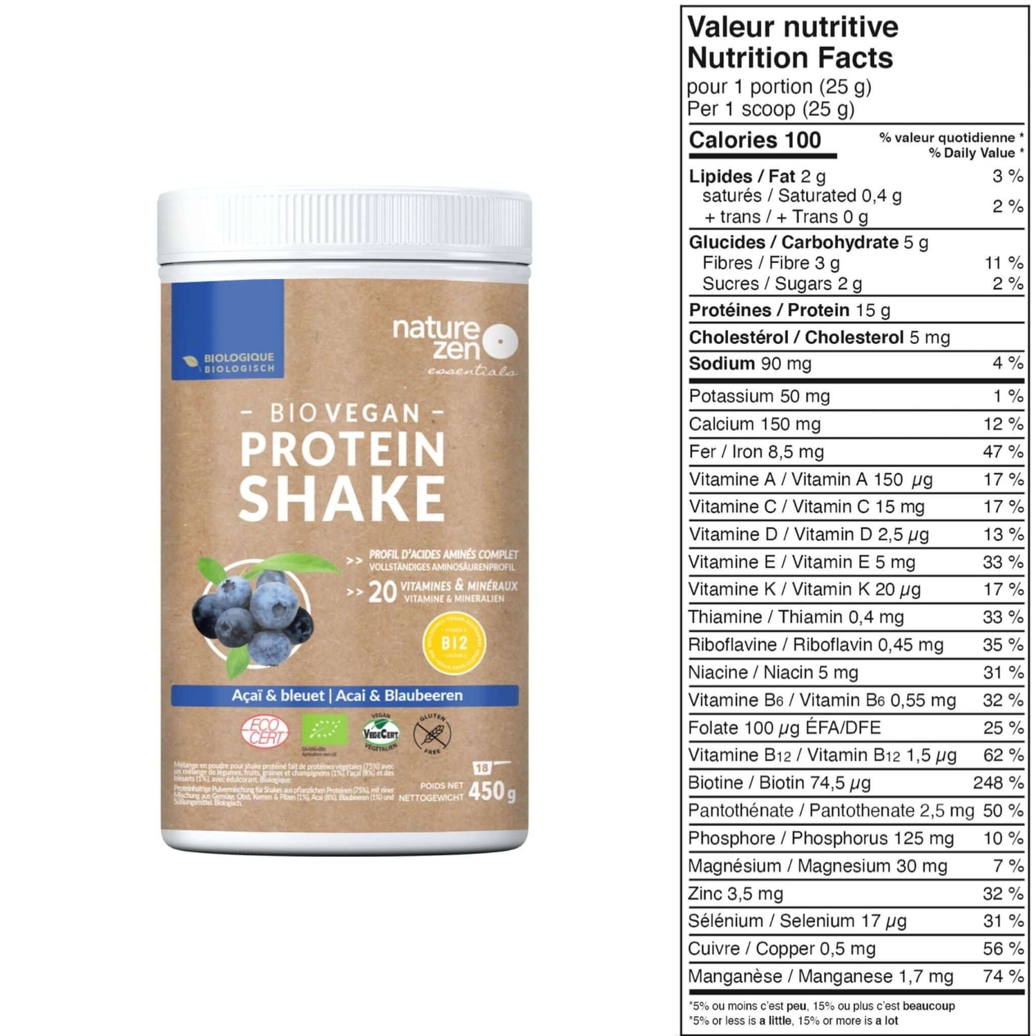 Nature Zen Essentials - Organic Plant-Based Blueberry-Açaï Protein Powder (nutrition facts)