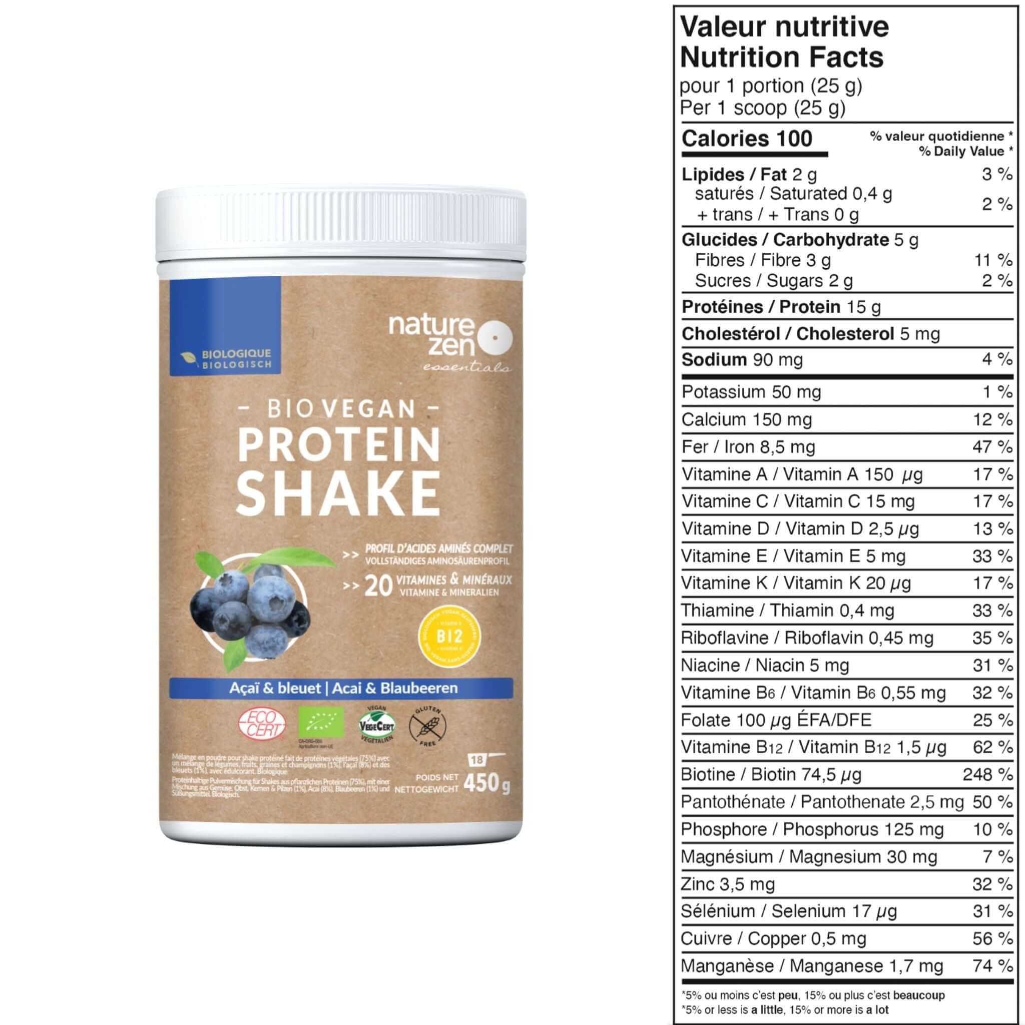 Nature Zen Essentials - Organic Plant-Based Blueberry-Açaï Protein Powder (nutrition facts)