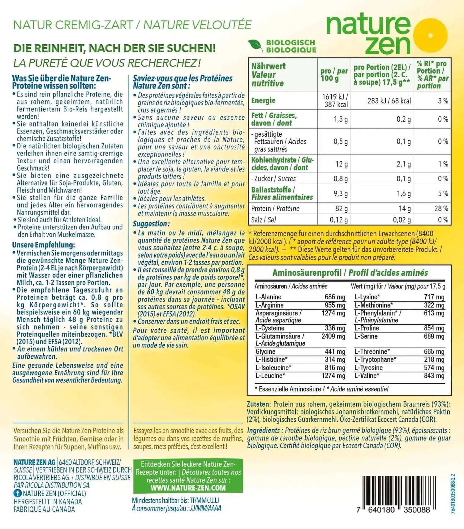 Nature Zen Origin - Pflanzliches Bio-Reis-Proteinpulver - Natur Cremig Zart